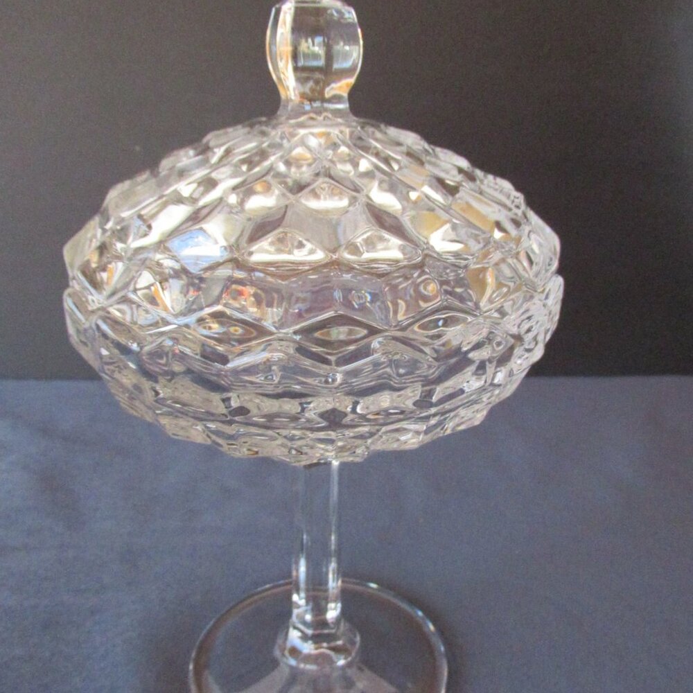 Fostoria American candy compote pedestal dish + cover clear cubist vintage